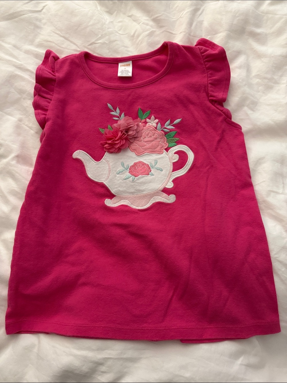 Gymboree Hot Pink Short Sleeve Tee with Teapot Floral Appliqué